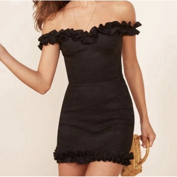 Reformation Bonita Dress 6 Black 100% Linen Ruffle Mini Smocked Preppy Going Out - Picture 1 of 16